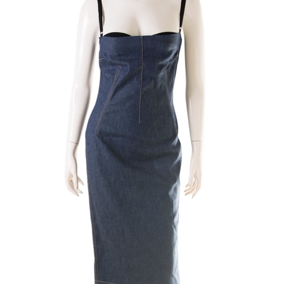 RARE Dolce & Gabbana Denim Corset Cocktail Midi Dress Vintage 1990s IT44/ US8 - Picture 5 of 12